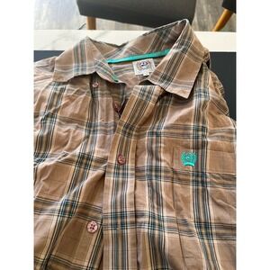 Cinch Mens Plaid Long Sleeve Button Down Shirt Brown Turquoise Size L